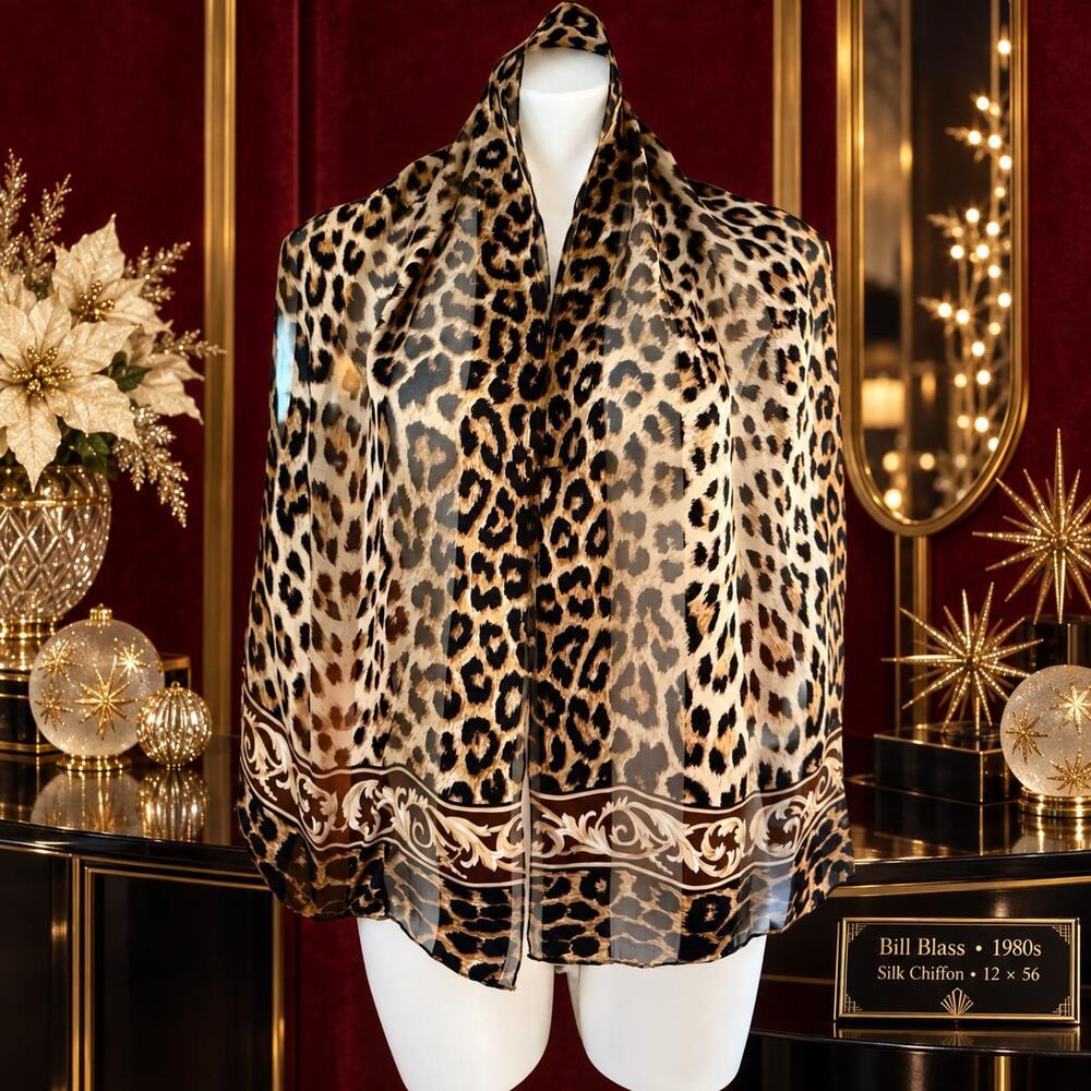 Vintage Bill Blass 1980s Silk Chiffon Leopard Baroque Scroll Scarf 12x56